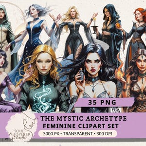 Mystic Archetype Clipart: Witchy Woman PNG, Magical Esoteric Illustrations, Divine Feminine Goddess, Junk Journal Ephemera, Commercial Use