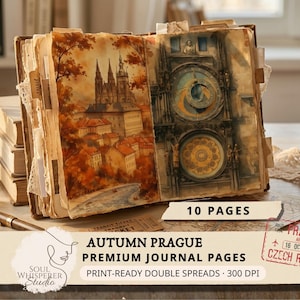 Autumn Prague Junk Journal Pages, Printable Watercolor Cityscape Paper, Vintage Europe Travel Ephemera Style, Cozy Fall Backgrounds