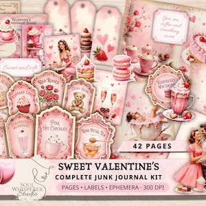 May include: A collection of pink and cream-colored Valentine's Day-themed ephemera, including labels, tags, and journal pages. The designs feature illustrations of desserts, roses, and romantic imagery. The kit includes the text "Sweet Valentine's Complete Junk Journal Kit".