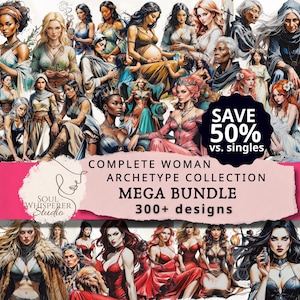 Feminine Archetypes Clipart Mega Bundle, Spiritual Women 9-in-1, 300+ Transparent PNG, 300 DPI Sticker Planner Edition, Witchy Goddess Canva
