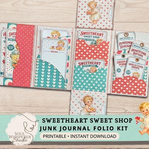 Puede incluir: Kit de folio de diario basura Sweetheart Sweet Shop imprimible. El kit presenta un diseño vintage con detalles en rojo y verde azulado, patrones de corazones e ilustraciones de querubines. Incluye bolsillos, etiquetas y páginas de notas.