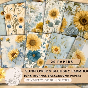 Può includere: Una collezione di 20 carte digitali con disegni di girasoli e cielo blu. I motivi includono girasoli gialli, fiori di campo blu e strisce. Il testo sull'immagine recita: 20 PAPERS, SUNFLOWER & BLUE SKY FARMHOUSE JUNK JOURNAL BACKGROUND PAPERS, PRINT-READY 300 DPI US LETTER.