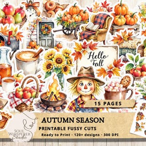 Ritagli autunnali stampabili, elementi decorativi autunnali per junk journal, adesivi di zucche ad acquerello, carta per scrapbooking a tema raccolto, spaventapasseri per il Ringraziamento