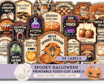 Spooky Vintage Labels – Printable Halloween Fussy Cut Labels, Printable Ephemera for Junk Journals, Scrapbooking Halloween Crafts, 300 DPI