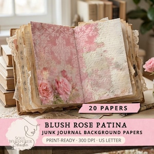 Puede incluir: Un diario basura abierto con páginas estampadas con rosas rosadas y papel envejecido. La imagen incluye una pila de libros, un pequeño tarro de rosas rosas y el texto "20 PAPERS" y "BLUSH ROSE PATINA".