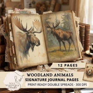 May include: An open journal featuring 12 pages of woodland animal illustrations, including a moose portrait and a full-body moose in a forest setting. The text reads: 12 PAGES, WOODLAND ANIMALS SIGNATURE JOURNAL PAGES, PRINT-READY DOUBLE SPREADS 300 DPI.