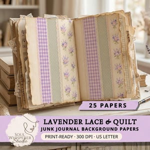 Puede incluir: Un diario abierto con papeles decorativos con patrones florales de lavanda, cuadros y encaje. La imagen contiene el texto "LAVENDER LACE & QUILT JUNK JOURNAL BACKGROUND PAPERS". El diario contiene 25 papeles.