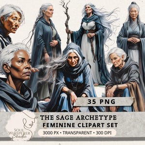 Pacchetto di clipart della Saggia – Archetipo del Divino Femminile, Donna Saggia, Dea Anziana e Illustrazione di Anziana / 35 file PNG trasparenti