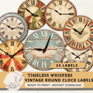 Round Vintage Clock Labels, Antique Clock Face Ephemera Circles, Printable Junk Journal Embellishments, Scrapbooking Collage Fussy Cuts