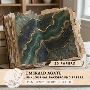 May include: A stack of aged paper sheets with an emerald agate design and gold accents. The papers are labeled "20 PAPERS" and are part of a junk journal background paper set. The text "EMERALD AGATE" and "SOUL WHISPERER Studio" are also visible.