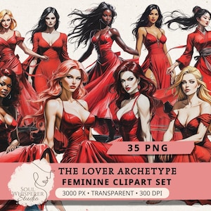 Lover Archetype Clipart - Sensual Red Dress Divine Feminine PNG, Romantic Goddess Illustration, Elegant Woman Art, Junk Journal Ephemera DIY