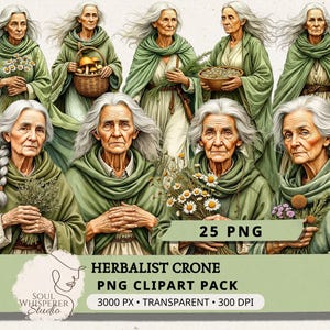 May include: Digital artwork featuring eight elderly women with white hair, dressed in green cloaks, holding items such as flowers and baskets. The image includes the text "HERBALIST CRONE PNG CLIPART PACK".