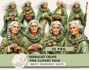 May include: Digital illustration of eight elderly women with long white hair, wearing green cloaks and holding various items like flowers and baskets. The image includes text that reads "HERBALIST CRONE PNG CLIPART PACK".