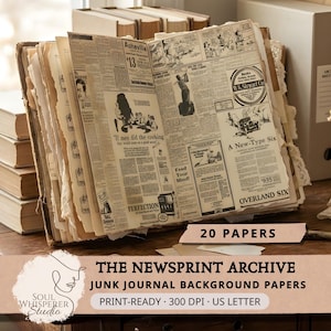May include: An open vintage book with aged newsprint pages, featuring headlines and illustrations. The book is surrounded by other books and a file folder. The text "THE NEWSPRINT ARCHIVE" is visible.