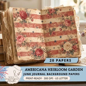 May include: Open junk journal with pages featuring red and white stripes, floral accents, and blue stars. The journal is surrounded by other aged books and decorative elements. Text on the image reads "20 PAPERS" and "AMERICANA HEIRLOOM GARDEN JUNK JOURNAL BACKGROUND PAPERS."