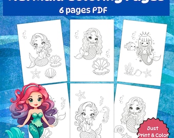 May include: Mermaid coloring pages PDF. The image shows six printable coloring pages featuring mermaid illustrations. The mermaids have various hairstyles and are surrounded by seashells, starfish, and other aquatic elements. The text "Just Print & Color" is also visible.