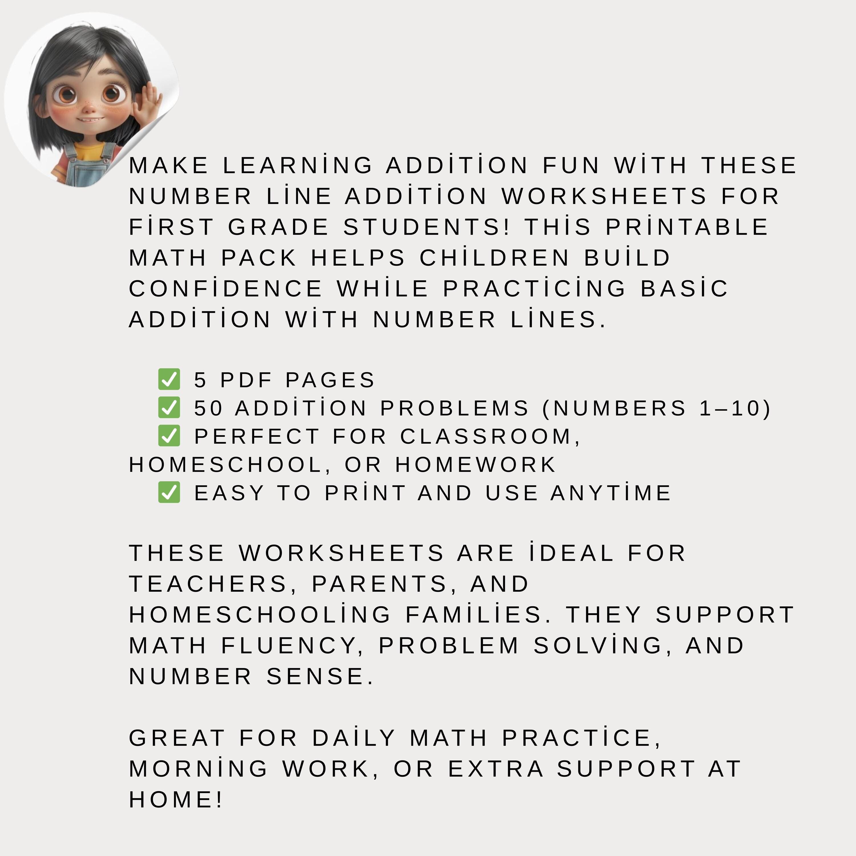 Number Line Addition Worksheets | First Grade Math | 5 PDF Pages | 50 ...