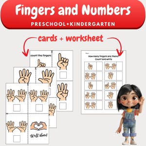 May include: Educational preschool and kindergarten learning materials. The image shows flashcards and worksheets with illustrations of hands displaying different finger counts. The title "Fingers and Numbers" is displayed in red.