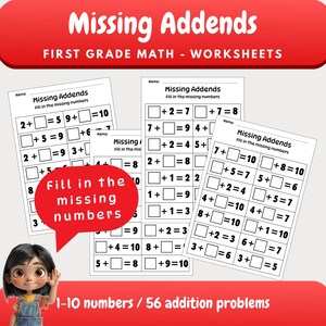 Könnte beinhalten: Arbeitsblätter für Mathematik der ersten Klasse mit fehlenden Summanden. Die Arbeitsblätter tragen den Titel "Missing Addends" und enthalten Additionsaufgaben. Das Bild zeigt mehrere Arbeitsblätter mit dem Text "First Grade Math - Worksheets".