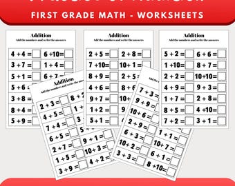 Hojas de trabajo de matemáticas de primer grado / Práctica de suma / 112 problemas / 8 páginas en PDF / Imprimibles para educación en casa y en el aula