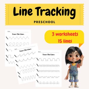 May include: A preschool line tracking worksheet set with the text "Line Tracking PRESCHOOL". The set includes three worksheets with 15 lines to trace. A cartoon girl is waving in the image.