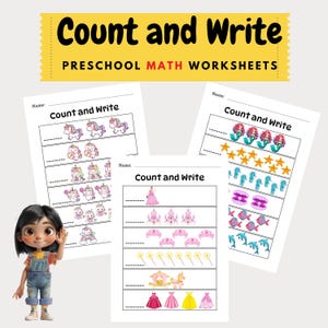 Puede incluir: Hojas de trabajo de matemáticas preescolares con el texto "Count and Write" y "Preschool Math Worksheets". Las hojas presentan ilustraciones de unicornios, sirenas y otras imágenes coloridas.