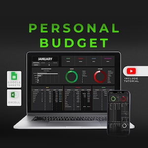 May include: A laptop and smartphone displaying a personal budget spreadsheet. The laptop screen shows a dark-themed budget layout with income and expense trackers. The smartphone mirrors the layout. Text reads "PERSONAL BUDGET" and "INCLUDE TUTORIAL".