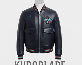 Chaqueta de cuero estilo motero inspirada en Hazbin Hotel de Vox / Chaqueta motera para cosplay en azul marino y verde azulado intenso / Ropa para fans de Vox / Estilo personalizado Demon Overlord