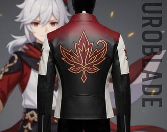Chaqueta de cuero Kazuha Genshin Impact - Cosplay de Kaedehara - Tricolor rojo carmesí y negro - Bordado de hoja de arce - Regalo premium para fans