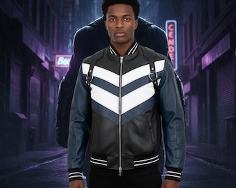 Chaqueta de cosplay inspirada en justiciero - Bomber premium con cuello Ban y paneles de cuero - Disfraz táctico de superhéroe - Ropa de calle de héroe desgastada