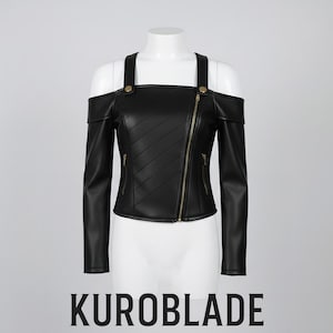 May include: Black off-the-shoulder jacket with long sleeves, a diagonal zipper, and gold-colored hardware. The jacket has a quilted design on the front and shoulder straps. The text "KUROBLADE" is printed in capital letters at the bottom.