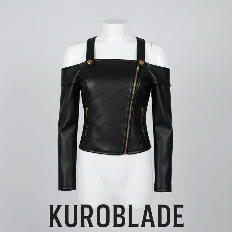 May include: Black off-the-shoulder jacket with long sleeves, a diagonal zipper, and gold-colored hardware. The jacket has a quilted design on the front and shoulder straps. The text "KUROBLADE" is printed in capital letters at the bottom.