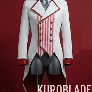May include: White tailcoat with red trim, a red and white striped waistcoat, and gold buttons. The coat has a high collar and is displayed on a mannequin. The text "KUROBLADE" is visible at the bottom.