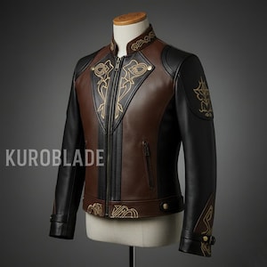 May include: A brown and black leather jacket with gold embroidered accents. The jacket features a zip-up front, a stand-up collar, and decorative gold patterns on the shoulders and chest. The text "KUROBLADE" is visible on the lower left.