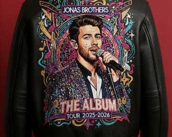 Joe Jonas Bestickte Jacke | Benutzerdefinierte schwarze Leder Bomber | Jonas Brothers 'The Album' Tour 2025/2026 Merch | Fan Geschenk
