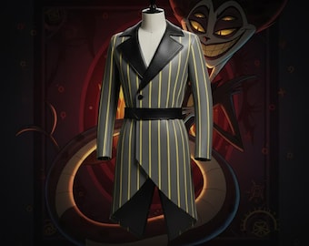 Abrigo de cuero del Hotel Sir Pentious Hazbin - Frac de lujo a rayas grises - Chaqueta de cosplay personalizada para hombre - Traje victoriano steampunk premium