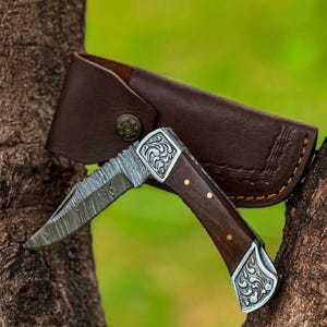 Damascus Steel Folding Knife, Hunting Pocket Knife, Handcrafted with Steel Bolster, Leather Sheath, Gift for Men, Anniversary Gift