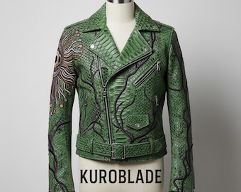 Chaqueta de motociclista de piel de serpiente inspirada en Springtrap FNAF / Chaqueta de motociclista de cosplay de terror bordada / Ropa personalizada para fanáticos de FNaF / Cuero verde