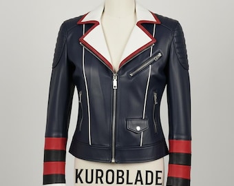 Chaqueta de motociclista de cuero inspirada en Blitz Hazbin Hotel / Chaqueta de motociclista cosplay en verde azulado y blanco / Ropa para fanáticos de Blitz / Estilo Demon Overlord personalizado