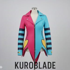 May include: A two-tone jacket, split vertically with pink and light blue. The jacket features a zipper closure, black and blue striped sleeves, and yellow heart-shaped accents. The text "KUROBLADE" is printed at the bottom.