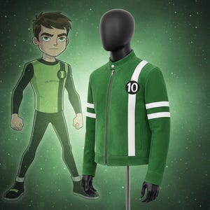 May include: A green jacket with white stripes and the number 10 on the chest, displayed on a mannequin next to a cartoon illustration of a character wearing a similar outfit. The jacket has a zipper and a black collar.