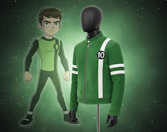 Chaqueta de gamuza de Ben 10 - Cosplay de Green Alien Force - Bomber táctico de superhéroe para hombre - Disfraz de jugador de dibujos animados premium hecho a mano