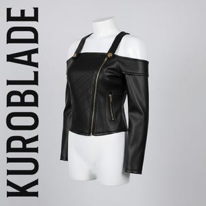 May include: Black faux leather jacket with a unique off-the-shoulder design. Features a diagonal zipper, gold-tone hardware, and long sleeves. The jacket is displayed on a white mannequin. The text "KUROBLADE" is printed vertically on the left side.