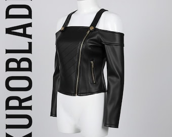 Chaqueta de cuero para cosplay de Millie Hazbin Hotel / Top corto negro estilo motociclista con hombros descubiertos / Disfraz de diablillo demonio