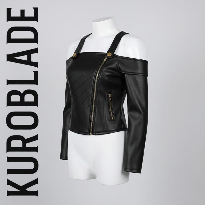 May include: Black faux leather jacket with a unique off-the-shoulder design. Features a diagonal zipper, gold-tone hardware, and long sleeves. The jacket is displayed on a white mannequin. The text "KUROBLADE" is printed vertically on the left side.