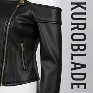 May include: Black off-the-shoulder jacket with a gold zipper and hardware. The jacket has a textured appearance and the text "KUROBLADE" is printed vertically on the right side.