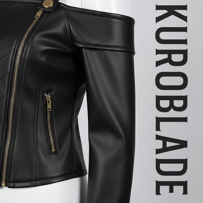 May include: Black off-the-shoulder jacket with a gold zipper and hardware. The jacket has a textured appearance and the text "KUROBLADE" is printed vertically on the right side.