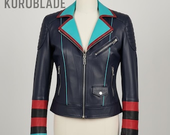 Chaqueta de cuero estilo motero inspirada en Hazbin Hotel de Vox / Chaqueta motera para cosplay en azul marino y verde azulado intenso / Ropa para fans de Vox / Estilo personalizado Demon Overlord