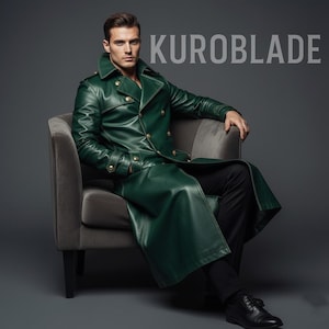 May include: A person seated in a gray chair wearing a long, emerald green leather coat with gold buttons. The coat is double-breasted and has a classic trench coat design. The text "KUROBLADE" is displayed in the upper right corner.