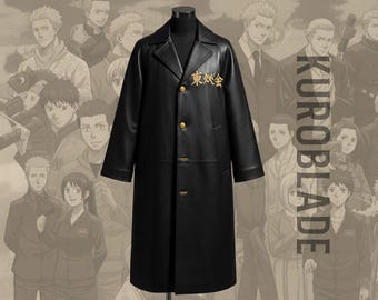 Gabardina de cuero de los Vengadores de Tokio hecha a mano - Chaqueta larga Toman de piel de vaca de primera calidad - Bordado kanji dorado para cosplay - Abrigo de anime de lujo